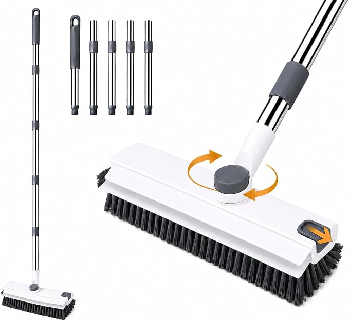 3-in-1 Floor Scrub Brush with Long Handle, Stiff Bristles & Squeegee | Stiff PP by DRQ