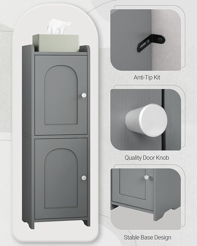 Bathroom Storage Cabinet, Small Corner Floor Cabinet with 2 Doors and Adjustable Shelf, Narrow Toilet Paper Cabinets, Bathroom Organizer for Small Spaces, 7.9" D x 9.8" W x 29.5" H Gray
