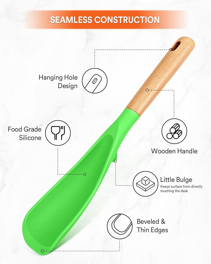 Cooking Spoon for Nonstick Cookwares, Great for Cooking and Serving Sturdy BPA-Free Matte Silicone, Wood Handle Spoon for Mixing, Scoop, and Scrape (APPLE GREEN, 11.4 inch)