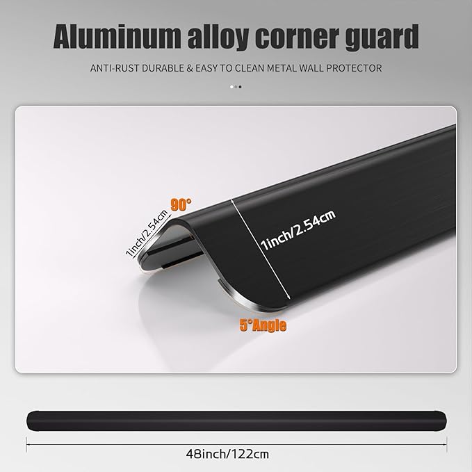 1x1x48 Inch 304 Stainless Steel Black Wall Corner Guards (5-Pack) Heavy Duty Rounded Corner Protector, Smooth Folded Edge Design for Wall Protection 90° Angle Metal Edge Guard Stainless Steel Slab