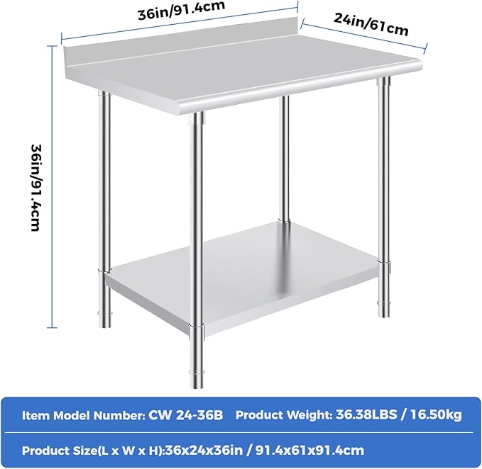 OSTBA Stainless Steel Table for Prep & Work 24x36 Inches with Backsplash, NSF Metal Commercial Heavy Duty Table with Adjustable Undershelf and Foot for Restaurant Kitchen Home and Hotel