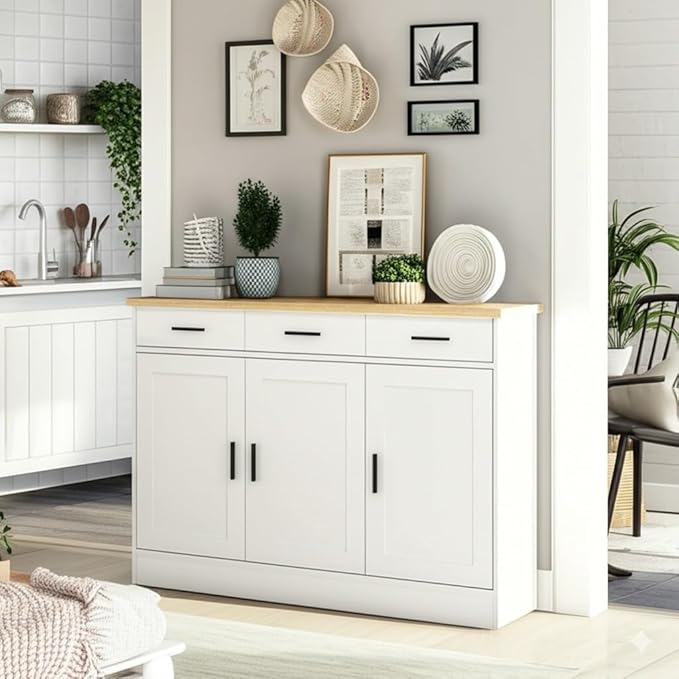 Anystyle 45" White Buffet Cabinet with Storage, Kitchen Sideboard with 3 Drawers & 3 Doors, Modern Coffee Bar Cabinet Credenza Console Table for Dining Room, Living Room, Hallway
