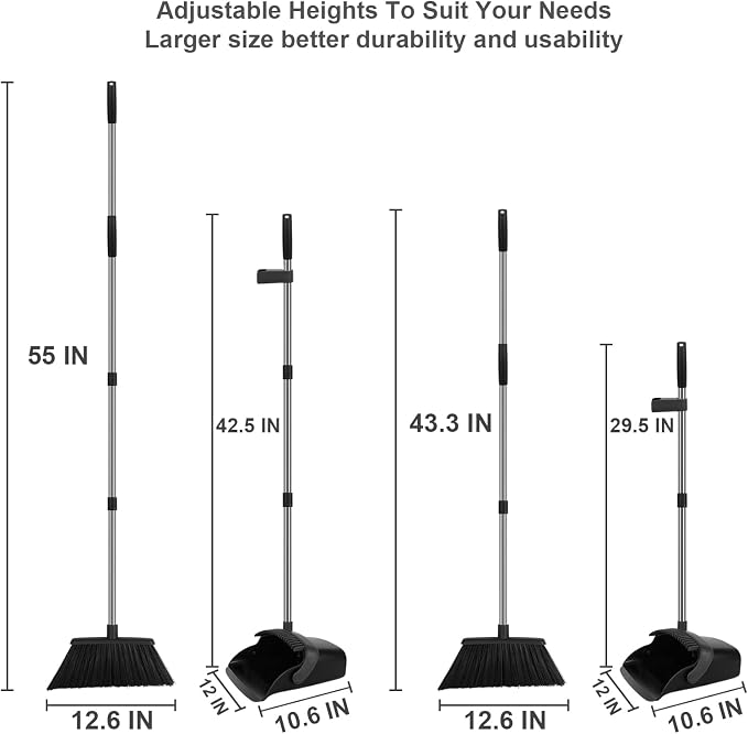 Black Broom and Dustpan Combo Set, Extended Reach Design, Built-in Comb Dustpan - Image 2