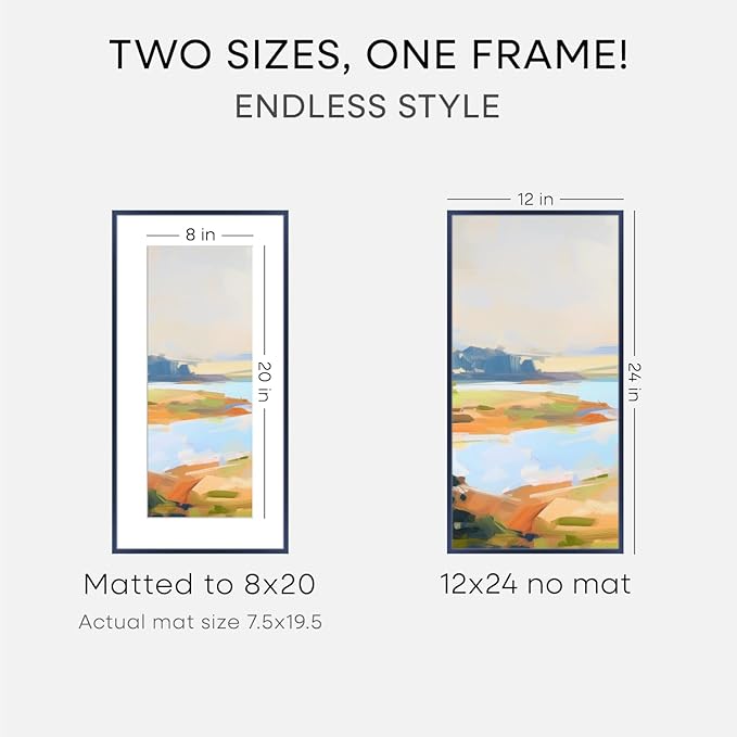 Homeforia 12x24 Navy Blue Picture Frame, High End Metal 12x24 Poster Frames with Mat 8x20 Photo, 12 x 24 Navy Blue Frame Matted to 8 x 20 Art, 24x12 Panoramic Frame, Tempered Glass, Wall Kit, Set of 1