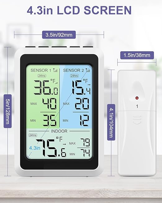 Refrigerator Thermometer with Alarm - 4.5 inch Wireless Fridge Thermometer with 2-Level Backlight, 2 Sensors, Digital Freezer Thermometers with Max/Min Records, for Homes Restaurants Cellars