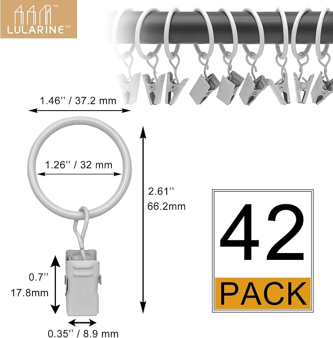 42 Pack Curtain Rings with Clips 1.26" Interior Diameter, Metal Drapery Ring - Image 2
