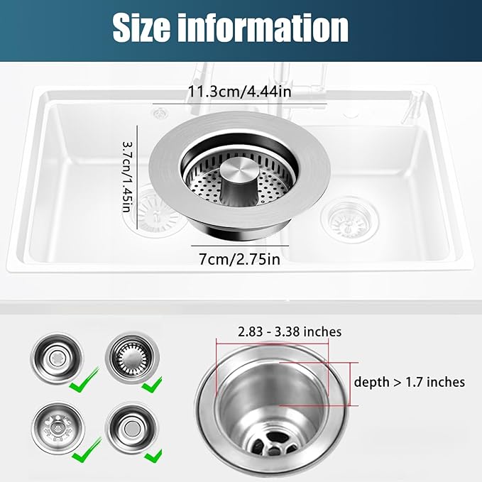 Kitchen Sink Drain Strainer, 4 in 1 All Stainless Steel Sink Strainer, Pop Up Anti-Clogging Sink Stopper, Sink Strainer with Copper Bounce for US Standard Sink Accessories, 2 Packs