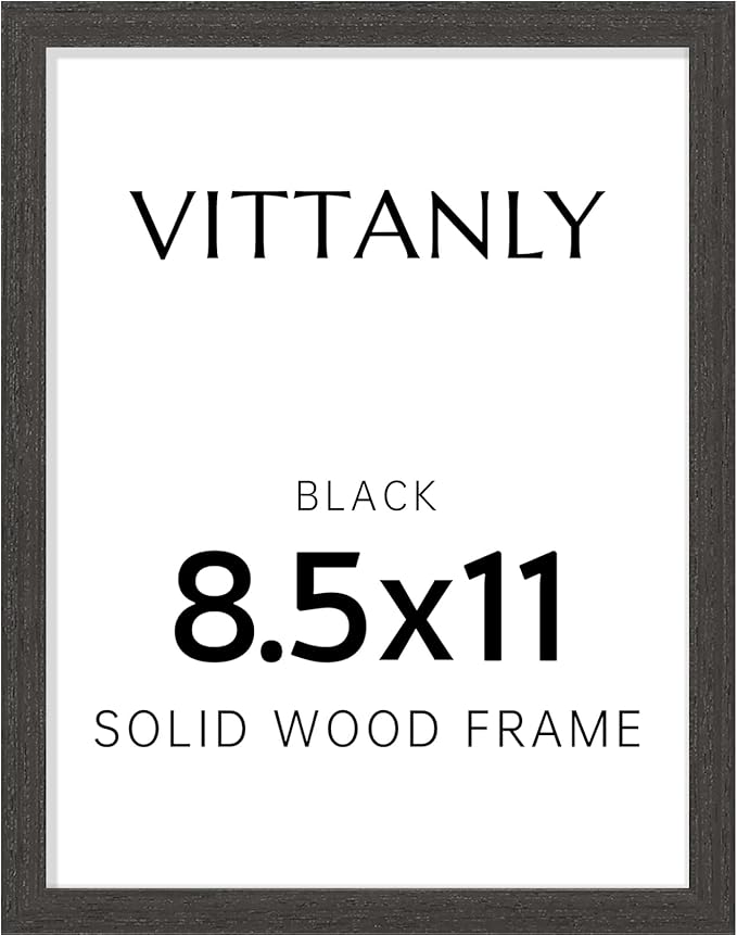 Vittanly 8.5x11 Picture Frame, Solid Wood Frame with Plexiglass, Includes 6x8 Mat, Wall Hanging or Tabletop for Photos, Home Decor, Black, 1 Pack