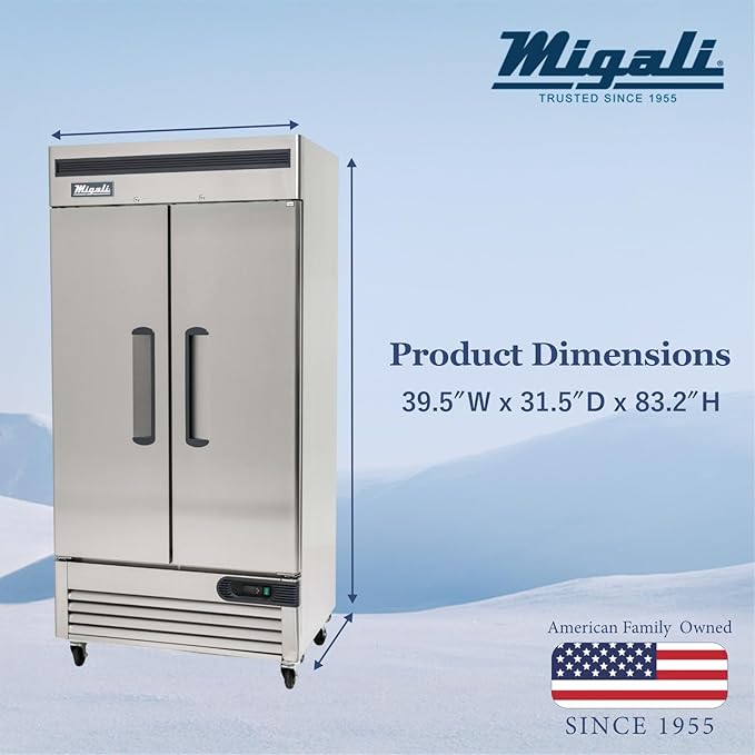 Migali C-2FB-35-HC Two Door Reach-In Freezer, 35 cu/ft Space Saving, Stainless Steel Interior and Exterior, Auto Defrost, Door Locks