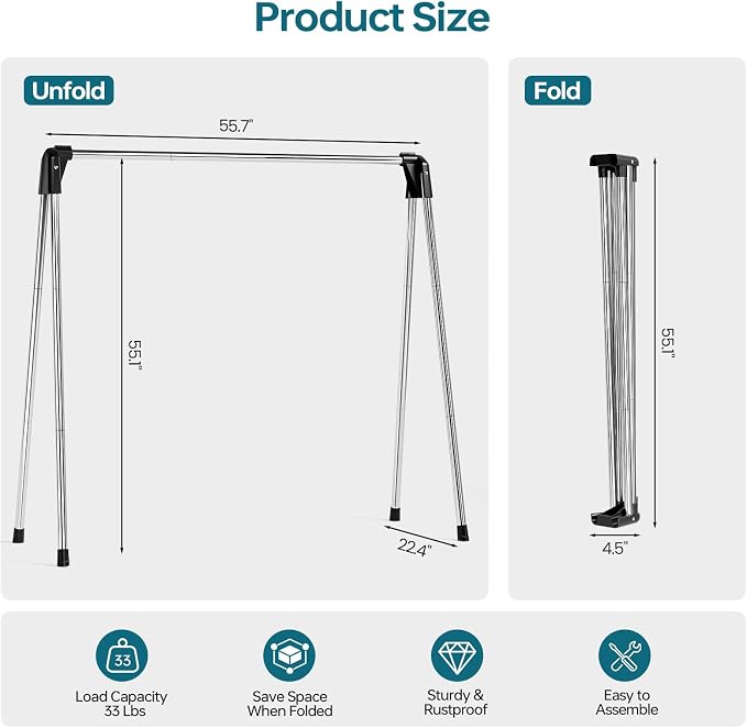 TOOLF 55 Inch Stainless Steel Collapsible Clothes Drying Rack | Drying Rack - Image 2