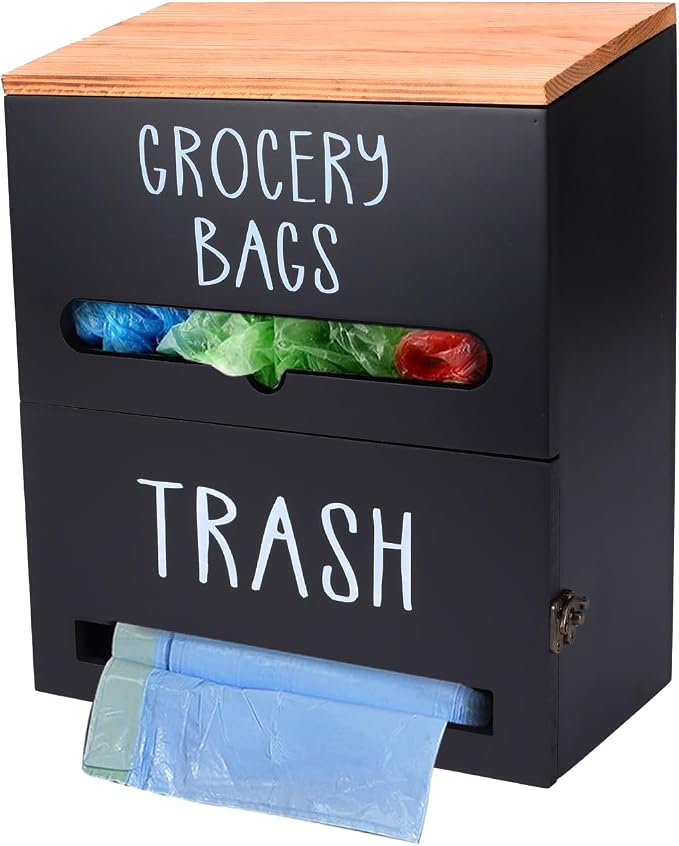 2 in 1 Trash Bag Holder with Grocery Bag Holder, Wooden Trash Bag Dispenser by Xbopetda