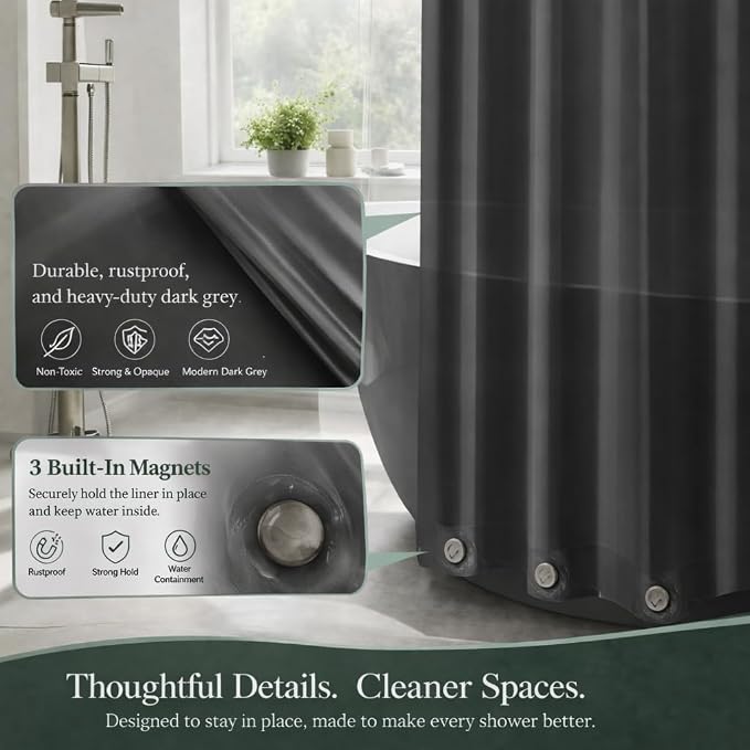 EHZNZIE Dark Grey Shower Curtain Liner 72x72, PEVA Waterproof Bath Curtain - Image 5