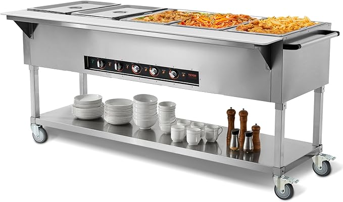 VEVOR 5-Pan Commercial Food Warmer, 5 x 20.6QT Electric Steam Table, 3750W Professional Buffet Catering Food Warmer with 4 Wheels (2 Lockable), Food Grade Stainless Steel Server for Party Restaurant