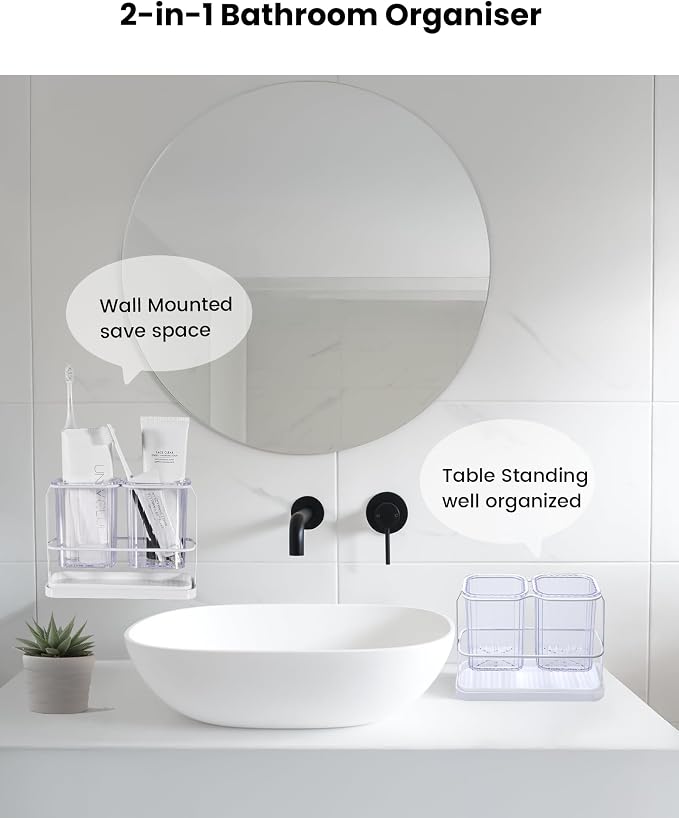 Clear Toothbrush Holders for Bathroom, 2 Cups Wall Mounted, Dry & Wet Separation - Image 6