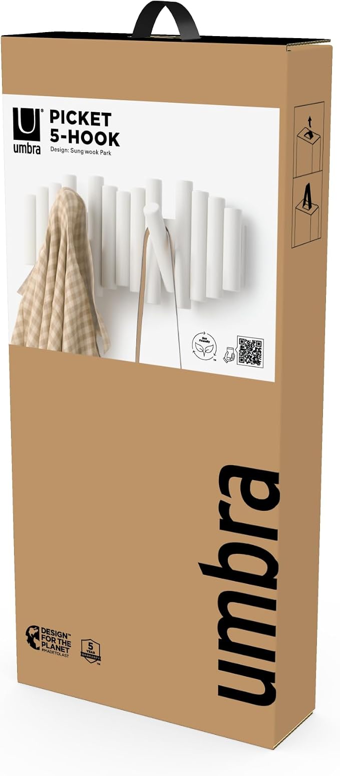 Umbra Picket Coat Rack, Wall Mount 5 Flip-Down Coat Hooks - Image 7