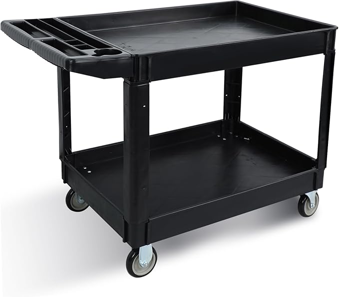 46 x 26-Inch Heavy Duty Utility Cart with Wheels, 1000 lbs Capacity Plastic Rolling Tool Carts W/Deep 2-Shelf, Mechanic Work Cart for Garage, Warehouse, Workshop, Black