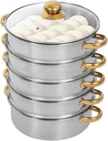 Steamer 26*42cm/10.24*16.54in, 5-tier Stainless Steel Steam Cooker w/ Clear Lid & Gold Anti-scald Handles, Home Stackable Multipurpose Steam Pot for All Hobs (1x1.32Gal Bottom Pan, 4xSteamer Baskets)
