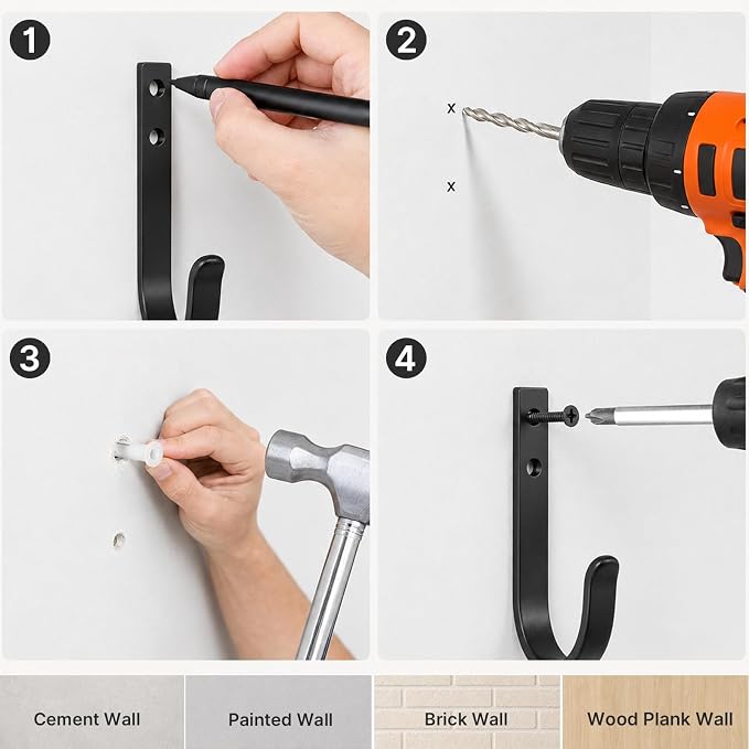 POZEAN 12 Pack Black Coat Hooks, Heavy Duty Wall Mounted Single Prong Hooks | - Image 9