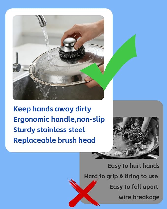 Stainless Steel Wool Scrubber with Handle, Steel Scrubber Wool Pads, Scrubbing Scouring Brush Pads for Cleaning Dishes, Stoves, Kitchen Pots, Pans