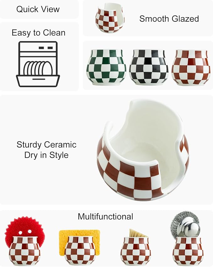 Zoeeker Sponge Holder for Kitchen Sink, Ceramic Checkered Dish Sponge Caddy - Image 3