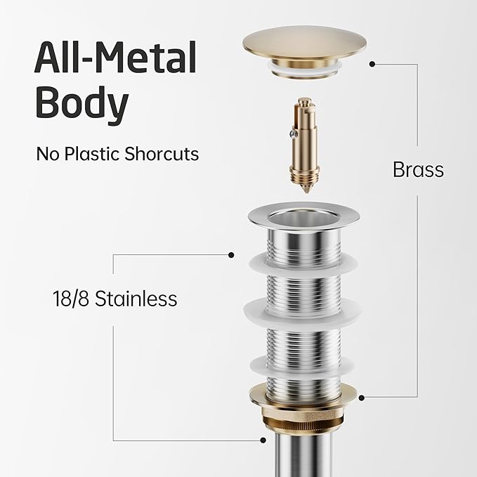 KES Extended Thread Bathroom Sink Drain, All Metal Pop Up Drain Stopper without Overflow for Thicker Vessel Sinks and Countertops, Brass and Stainless Steel Brushed Nickel, S2022D-BN