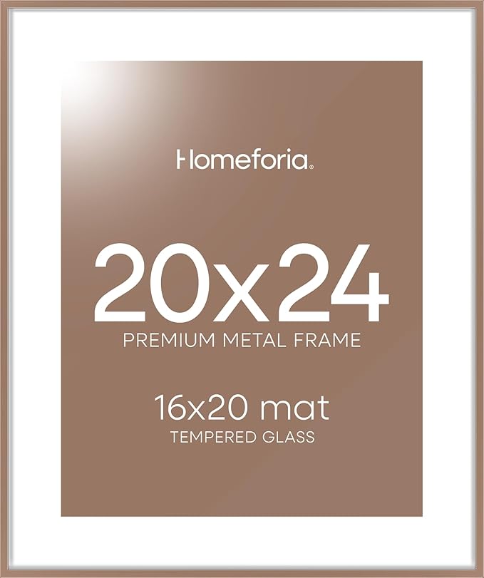 Homeforia 20x24 Picture Frame Mocha, High End Metal 20x24 Frame Matted to 16x20 Print, 20 x 24 Mocha Poster Frames with Mat 16 by 20 inch Photo, 24x20 Hanging Frame, Tempered Glass, Wall Kit, Set of 1