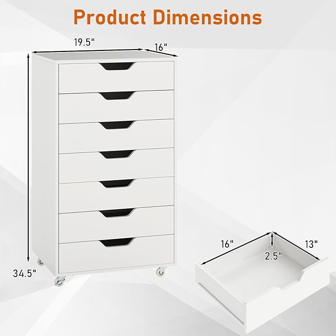 7 Drawer File Cabinet, Mobile Filing Cabinet w/Universal Wheels, Wood Printer Stand with Storage, Rolling File Cabinets for Home Office, Living Room, Bedroom (White, 7 Drawers)
