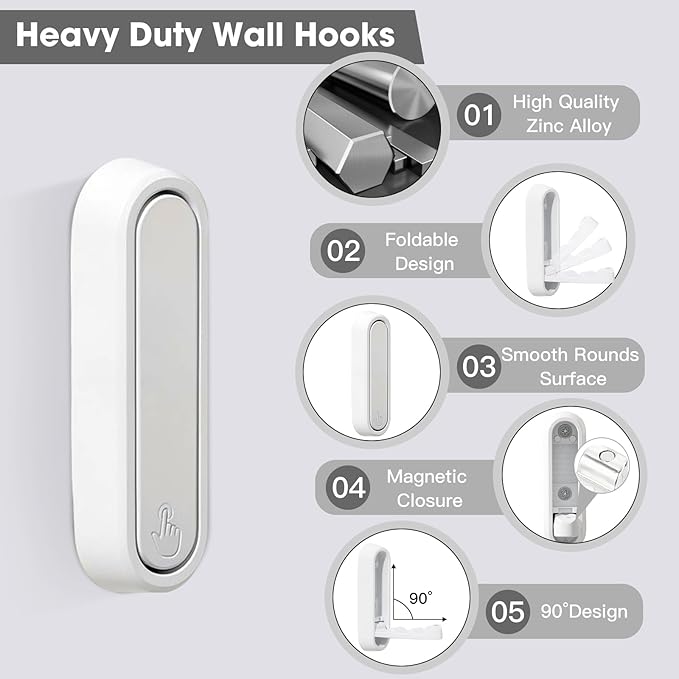 Folding Wall Hooks, 2 Pack, Zinc Alloy, Heavy Duty Coat Hooks | 90° Foldable - Image 2