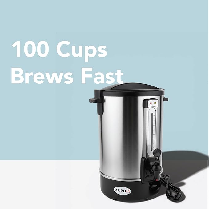 ALPHA LIVING 100 Cups Electric Coffee Urn – Stainless Steel Large Capacity Electric Kettle Percolator Coffee Pot – Ideal Hot Beverage Dispenser for Catering, Hotels, Restaurants –Leak-Proof Tap