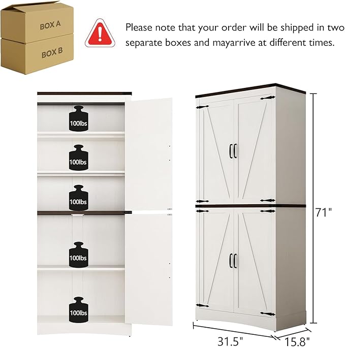 71in Farmhouse Kitchen Pantry Cabinet,Tall Storage Cabinet with 4 Doors and Adjustable shelves,with Load-Bearing Steel Pipe,Wood Storage Cabinets for Kitchen,Dining Room,Bathroom(White)