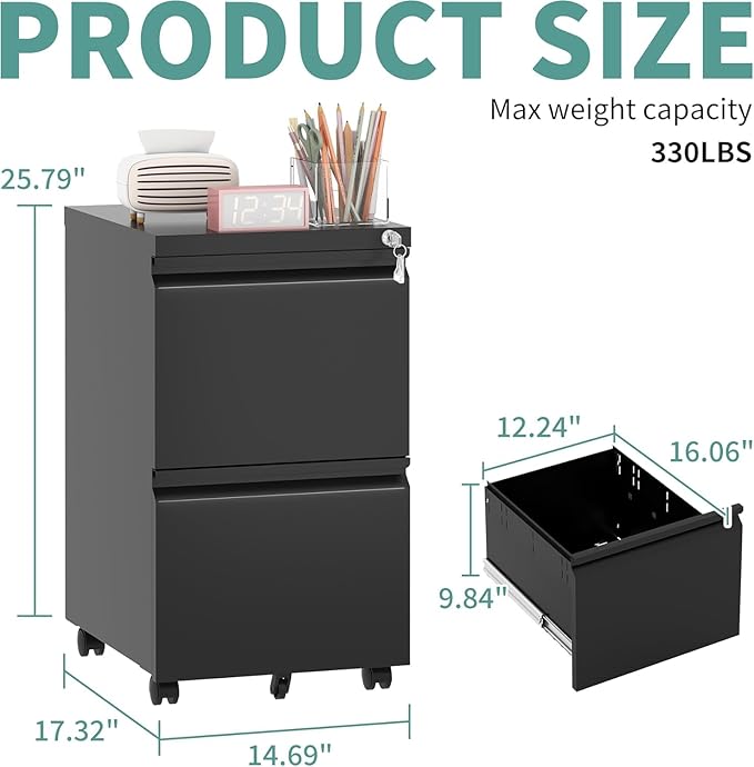 Fully Assembled 2 Drawer File Cabinet, Locking Full Steel Filing Cabinet, Quiet Slides, Anti-Tipping Wheels, Fits A4/Letter/Legal, for Home & Small Office, Matte Black