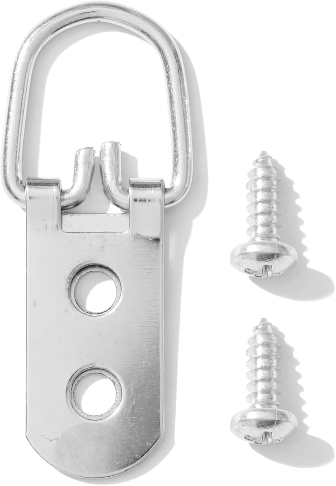 D-Ring Picture Hangers with Screws – 50 Pack Two Hole Wide Strap Hangers for Picture Frames, Photos, Mirrors, Wall Decor, and Paintings – 40 lb Capacity