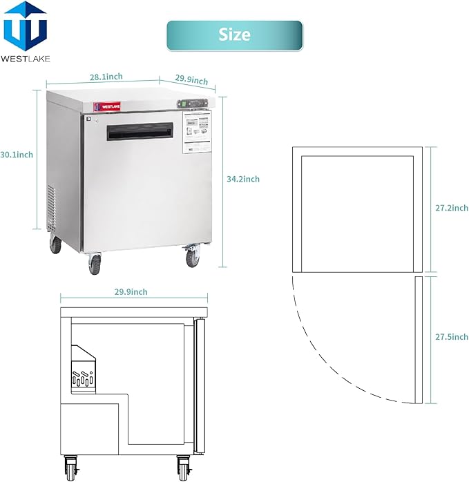 WESTLAKE 28" W Commercial Refrigerator Worktop Undercounter Refrigerator 6.3 Cu.ft Single Door Stainless Steel Counter Fan Cooling Refrigerator Food Prep Station for Restaurant, Bar