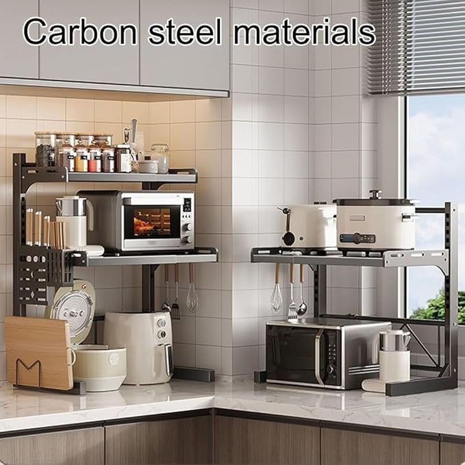 3-Tier Microwave Stand, Expandable(15.4"- 24.4") Heavy Duty Adjustable Shelf Microwave Oven Rack, Kitchen Countertop Organizer and Storage, Organizer Shelf for Rice Cooker Shelf