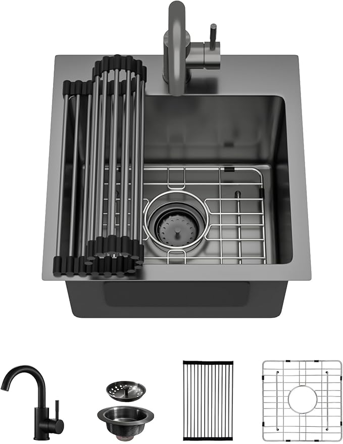 Bar Sink with Faucet - 15x15 Inch Gunmetal Black Bar Sink 16 Gauge Stainless Steel Drop In Rv Kitchen Sinks Top Mount Single Bowl Small Wet Sinks #TLT-0017