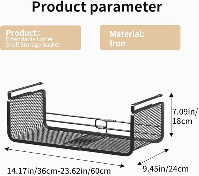 Expandable Under Shelf Basket Organizer, Under Shelf Storage, Hanging Baskets Under Cabinet for Pantry Kitchen Cupboard Desk Counter Bookshelf Space Saver Heavy Duty Slide-in (Black, 1 Pack)