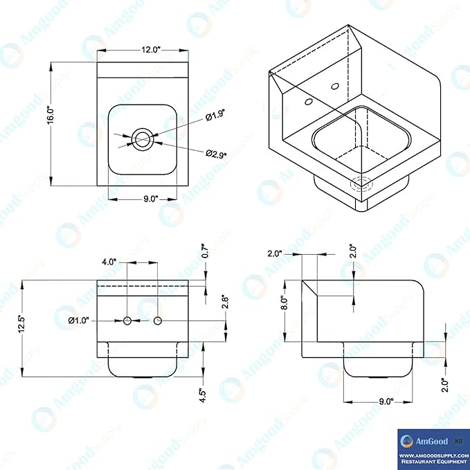 AmGood Stainless Steel Wall Mount Hand Sink | NSF | Commercial Hand Washing Basin For Restaurant, Kitchen and Home (12" x 16" with Sidesplash)