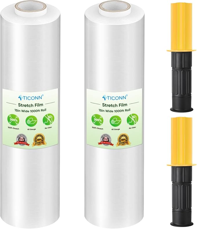 TICONN 2Pk Stretch Wrap Stretch Film Roll, 1000ft Industrial Strength 15 inch by TICONN