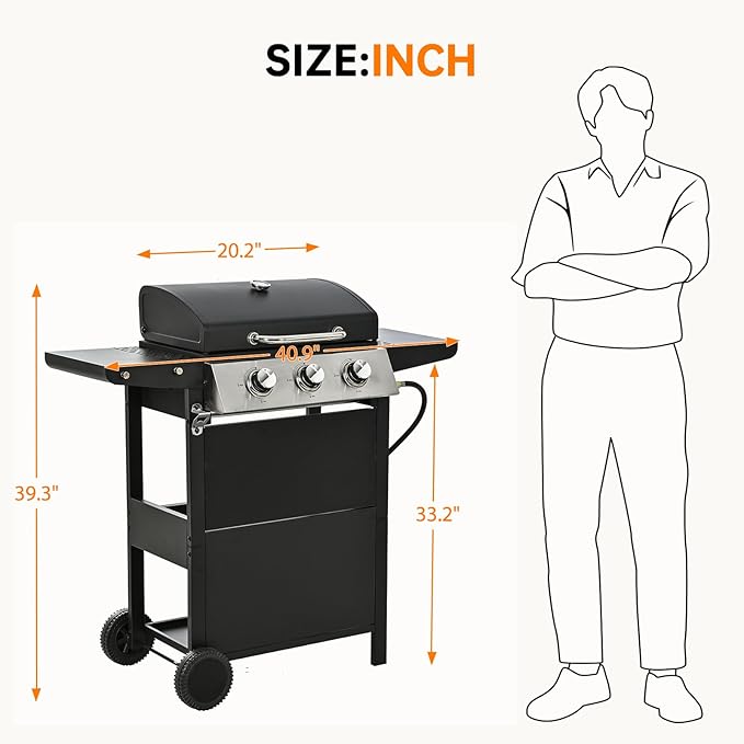 3 Burner Propane Gas Grill, Stainless Steel BBQ Grill 30,000 BTU for Outdoor Cooking Kitchen, Garden and Patio Backyard Barbecue, Black and Silver