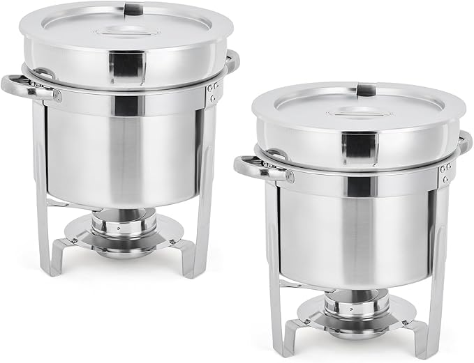 GarveeHome 7QT Soup Chafer Set of 2, Stainless Steel Round Soup Warmer with Pot, Notched Lids & Fuel Holders, Commercial Food Warmer for Buffets, Events and Party Service
