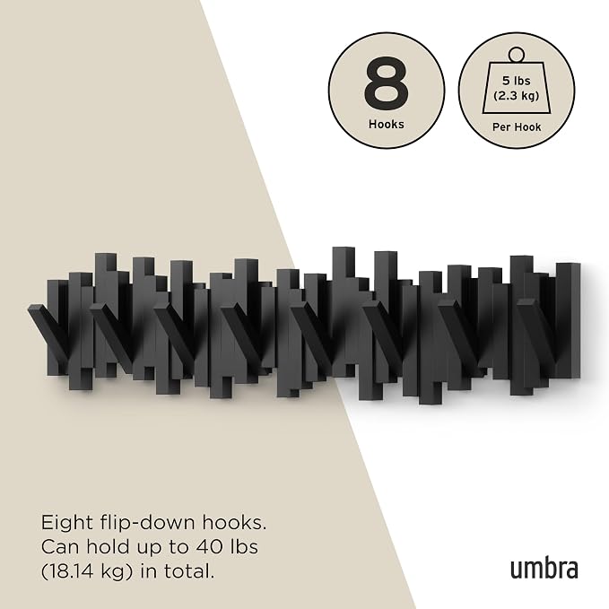 Umbra Sticks Wall Coat Rack, Wall Mount 8 Retractable Hooks, holds five pounds - Image 5