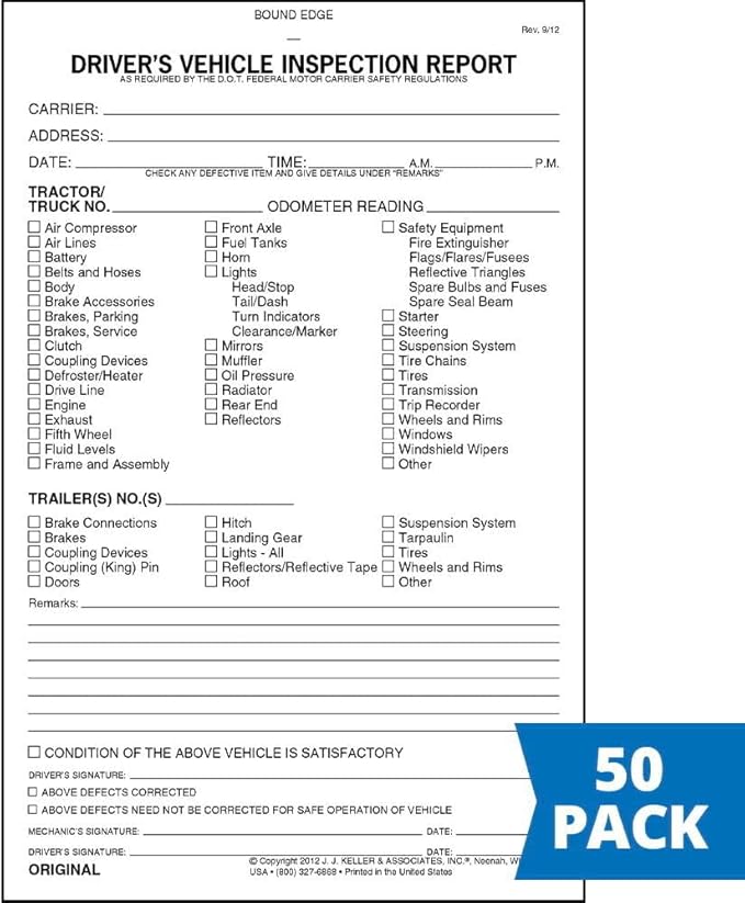 Detailed Driver's Vehicle Inspection Report 50-pk. - Book Format with 31 Sets, 2-Ply Carbonless, 5.5" x 8.5", Meet FMCSR Requirements, J. J. Keller & Associates, Inc.