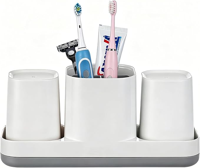 Toothbrush Holder with Cups and Toothpaste Organizer, Bathroom Storage by BOERSHUN