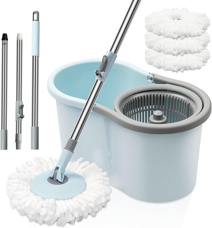 Spin Mop and Bucket with Wringer Set, 3 Microfiber Mop Heads by CooFel
