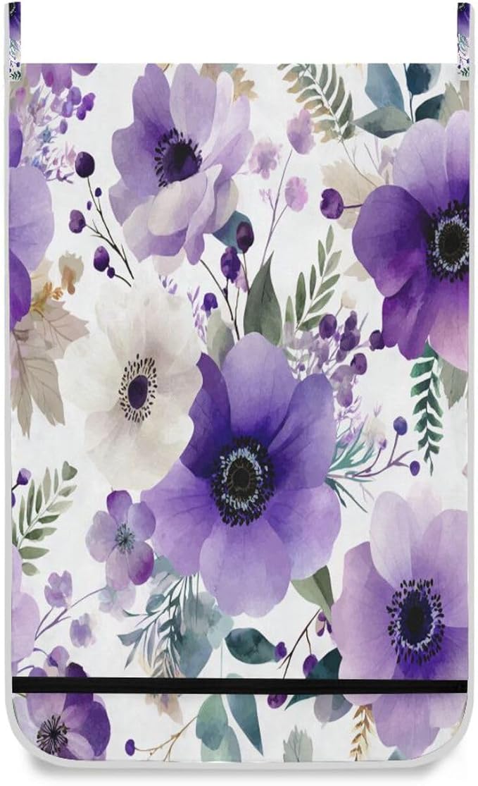 Purple and White Silver Lotus Flowers and Berries Hanging Laundry Hamper Door - Image 2