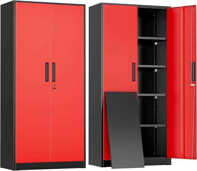 Greenvelly Metal Garage Storage Cabinet, 72" H Steel Lockable Storage Cabinet with 2 Doors and 4 Adjustable Shelves,Tall Metal Cabinet Locking File Cabinet for Office,Home, Garage, Gym, School