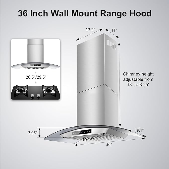 36 inch Wall Mount Range Hood, 1200 CFM with 4-Speed Gesture Sensing & Touch Control, Stainless Steel Ducted Kitchen Stove Vent Hoods with 2 LED Lights, Time Setting, Dishwasher-Safe Baffle Filters