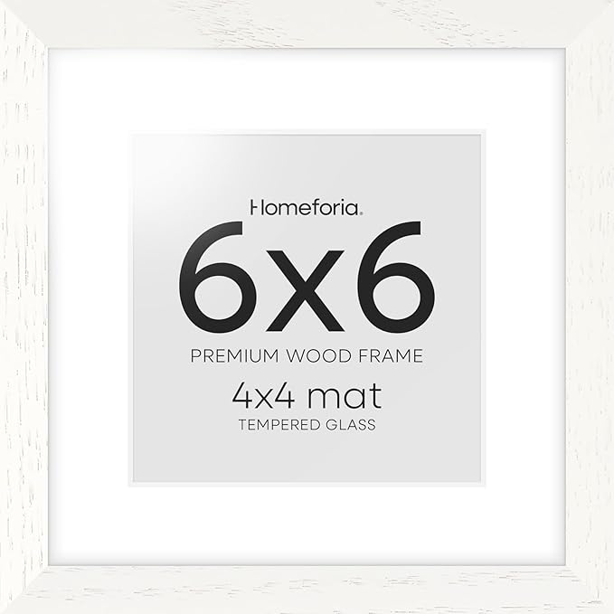 Homeforia 6x6 Picture Frames White, High-End Oak 6 x 6 Square Wood Frame with Mat 4 by 4 inch Photo, 6x6 Wooden Frame Matted to 4x4 Art, 6by6 Wall or Tabletop Frames, Tempered Glass, Wall Kit, Set of 1