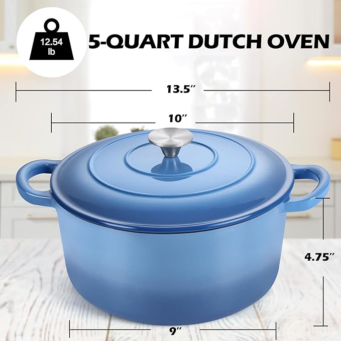 TeamFar 5Qt Dutch Oven, Enameled Cast Iron Dutch Oven with Lid & Dual Handles for Cooking Baking Braising Simmering, Healthy & Sturdy, Oven & Various Stovetops Safe, Non-stick & Easy Clean - Blue