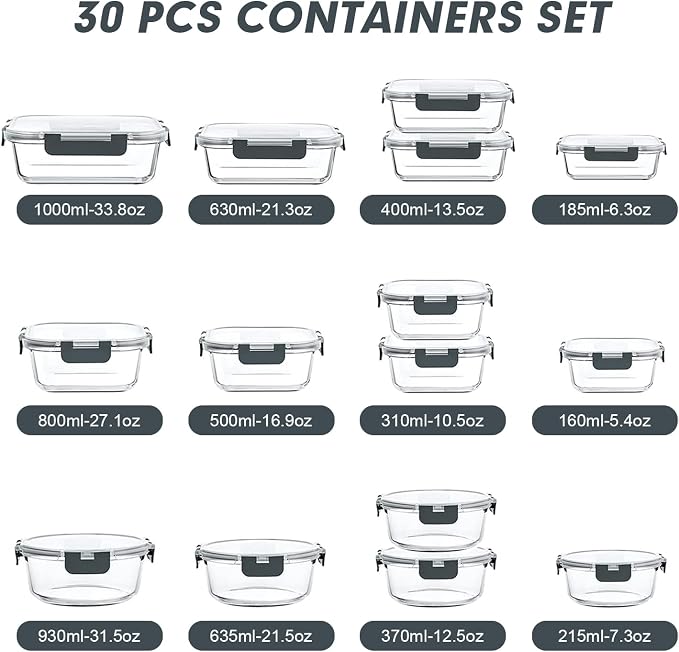 VERONES 30 Pieces Glass Food Storage Containers Set - Image 2